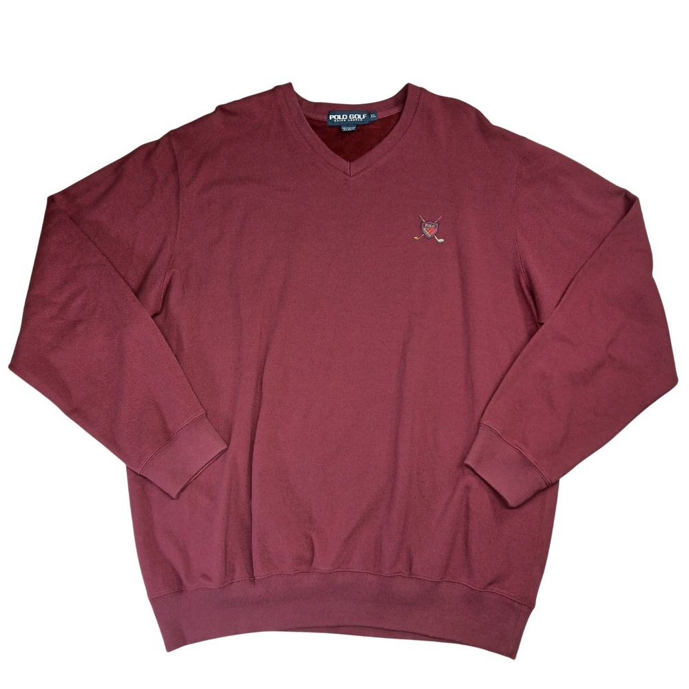 Polo Golf Ralph Lauren Mens XL V-Neck Sweatshirt Burgundy Maroon‎ Crest Logo